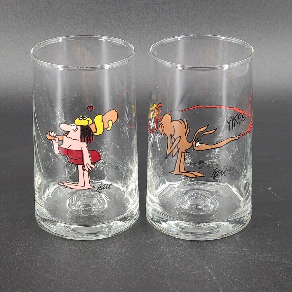 Vintage Arby's BC Ice Age Collectors Glasses Cavewoman Anteater 1981‎ Set Of 2